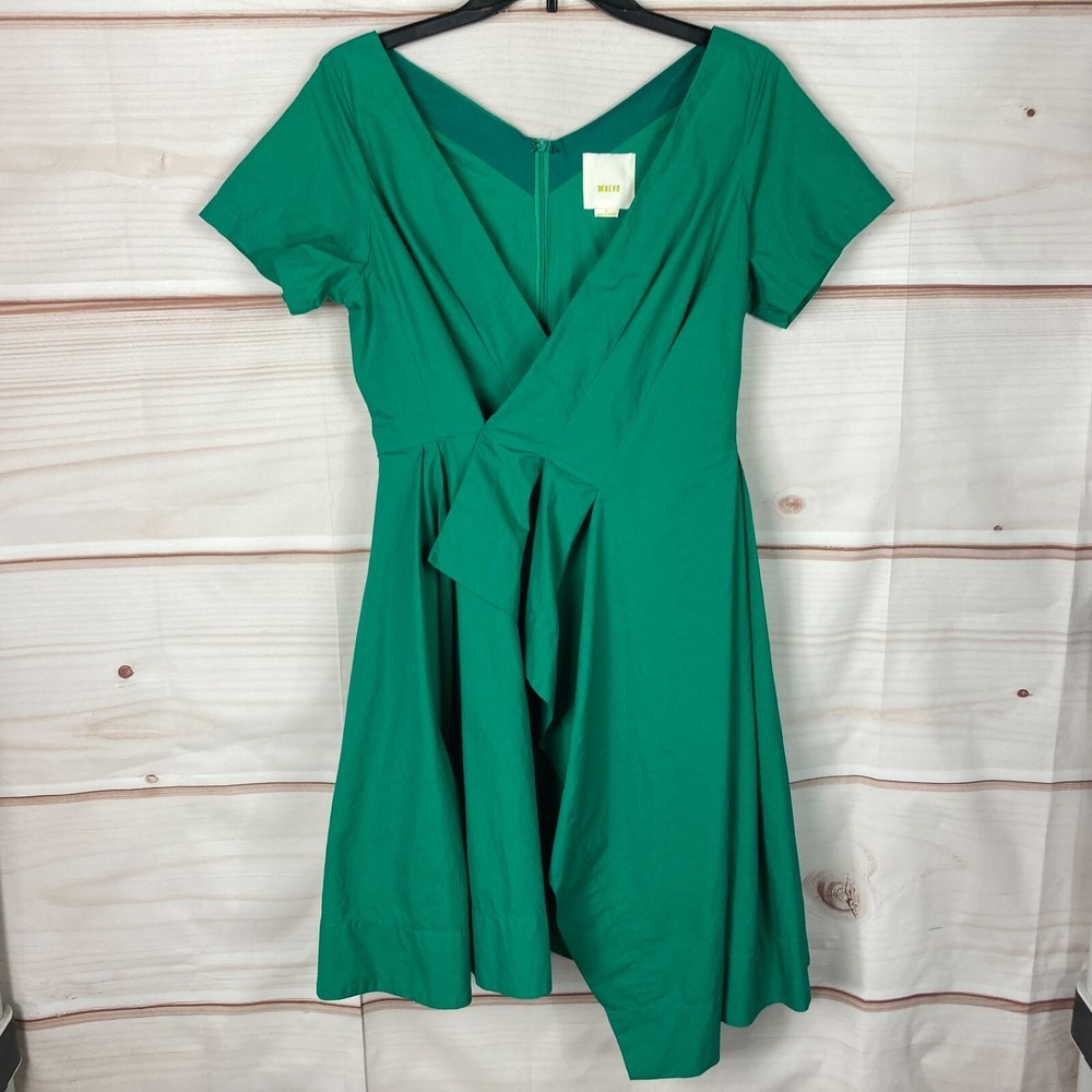 Maeve Dress Womens 6 Green Faux Wrap A-Line Short Sleeve Pleated Pockets Cotton